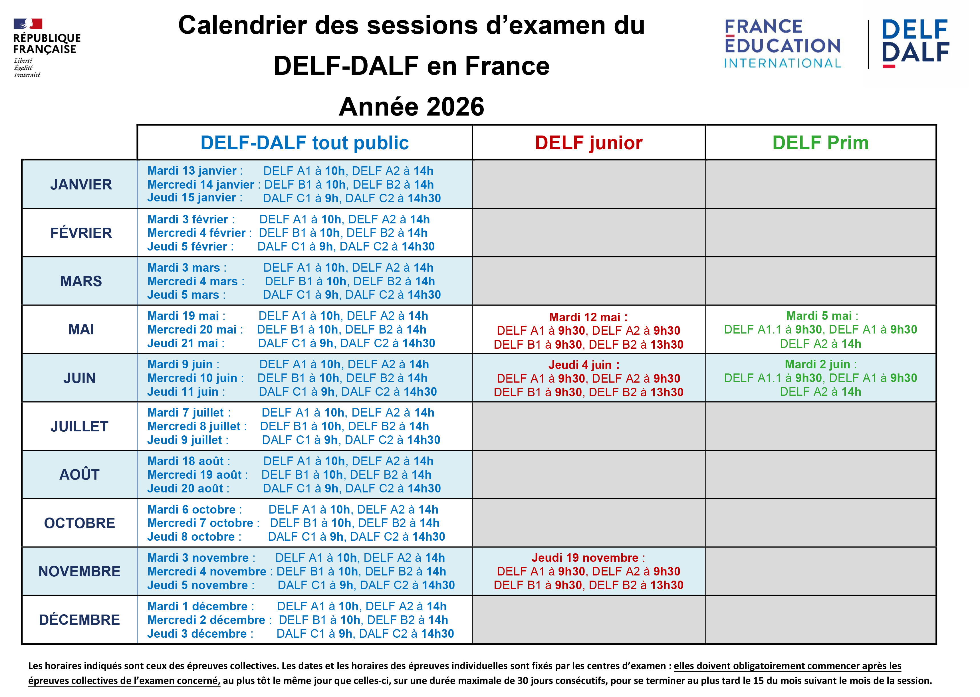 DELF / DCL exam dates 2026